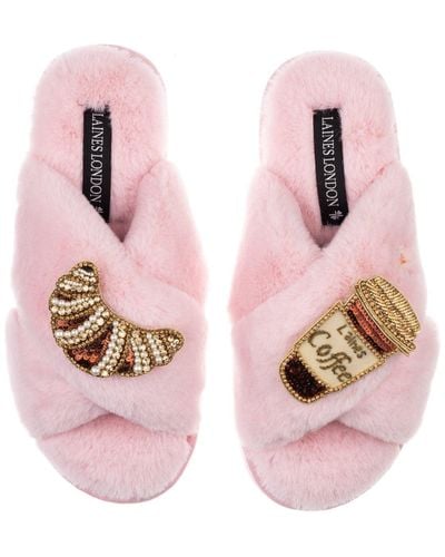 Laines London Classic Laines Slippers With Coffee Cup & Croissant Brooches - Pink