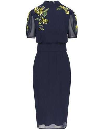 Hope & Ivy The Hester Embellished Midi Dress With Contrast Beading And Bow Tie Detail - Blue