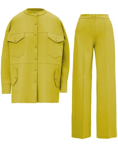BLUZAT Lime Matching Set With Oversized Shirt And Wide Leg Pants - Yellow