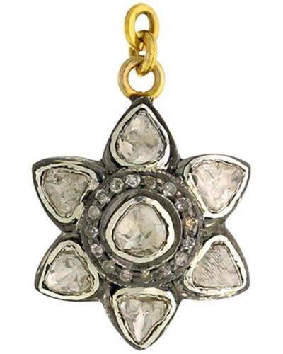 Artisan 14k Gold & 925 Silver With Uncut Diamond Flower Design Charm Pendant - Metallic