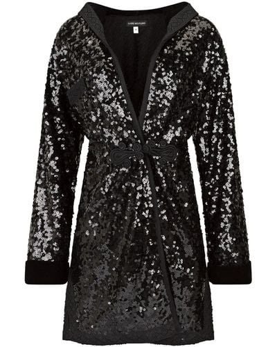 Boutique Kaotique Long Sequin Vest With Velvet Hood - Black