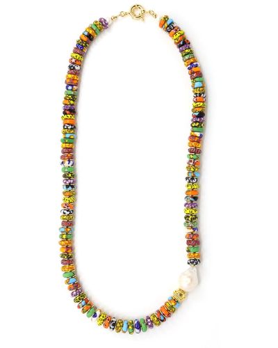 Shar Oke African Recycled Glass & Freshwater Pearl Beaded Necklace - Metallic