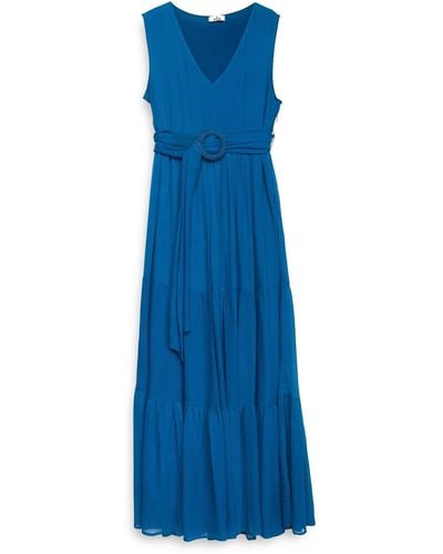 Niza Long Dress With Ruffle And V-neck - Blue