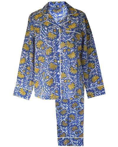 Lime Tree Design And Yellow Floral Block Printed Pajamas - Blue