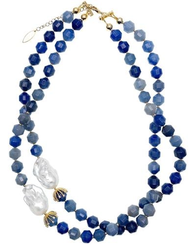 Farra Blue Aventurine With Baroque Double Strands Necklace
