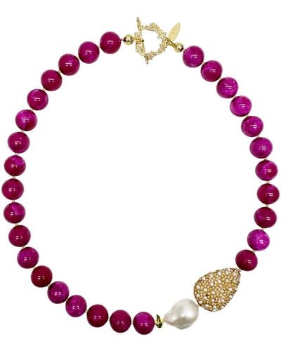 Farra Magenta Gemstone With Baroque Pearl Pendant Statement Necklace - Red