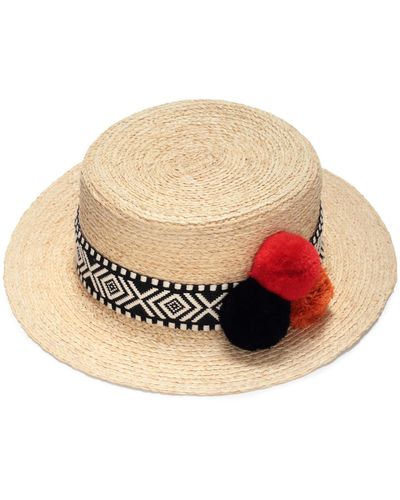 Justine Hats Neutrals Straw Boater Hat With Pompoms - Multicolor