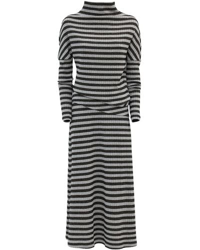 Julia Allert Rib Knit Suit Asymmetric Blouse & Basic Skirt Striped Lurex - Black