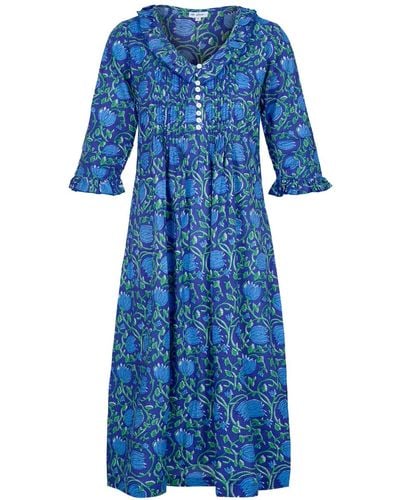 At Last Cotton Karen 3/4 Sleeve Day Dress In Royal With & Green Flower - Blue