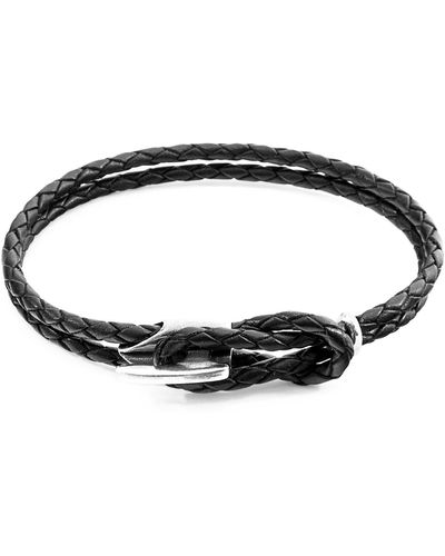 Anchor and Crew Coal Black Padstow Silver & Braided Leather Bracelet