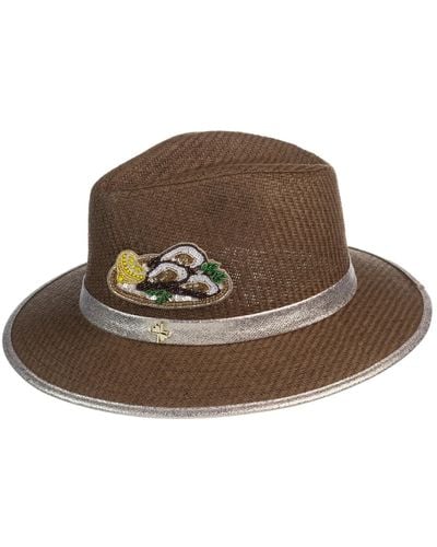 Laines London Straw Woven Hat Embellished With A Handmade Oyster Brooch - Brown