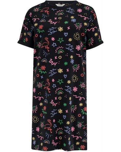Sugarhill Brandie T-shirt Dress , Flamingo Doodle - Black