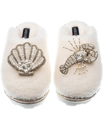 Laines London Teddy Closed Toe Slippers With Pearl Beaded Lobster & Shell Brooches - Metallic