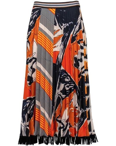 Lalipop Design Half-circle Pleated Midi Skirt With Suede Fringe Hem - Orange