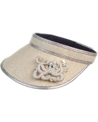 Laines London Straw Woven Visor With Beaded Octopus Brooch - White