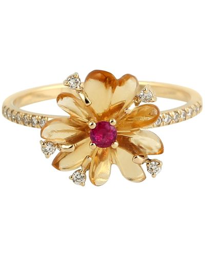 Artisan Forget Me Not Flower Ring Carved Mix Stone & Ruby With Pave Diamond Accent In 18k - Metallic