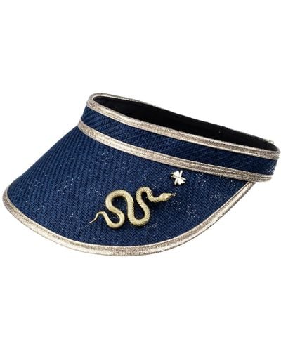 Laines London Straw Woven Visor With Gold Metal Snake Brooch - Blue
