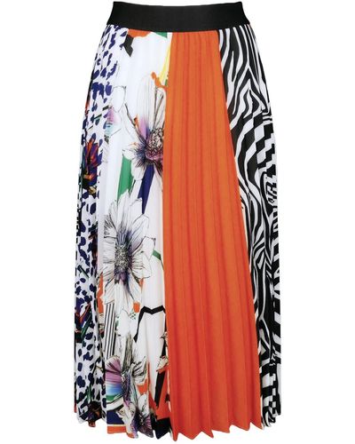 Lalipop Design Multi-color Flowers & Zebra Print Pleated Skirt - Orange