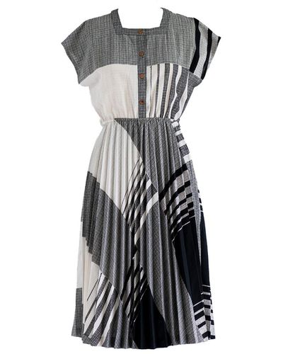 Sugar Cream Vintage Vintage Geometric Stripe Print Square Neck Polyester Midi Dress - Black