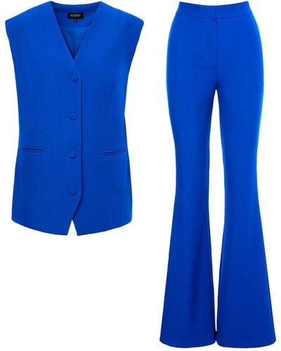 BLUZAT Electric Suit With Oversized Vest And Flared Trousers - Blue