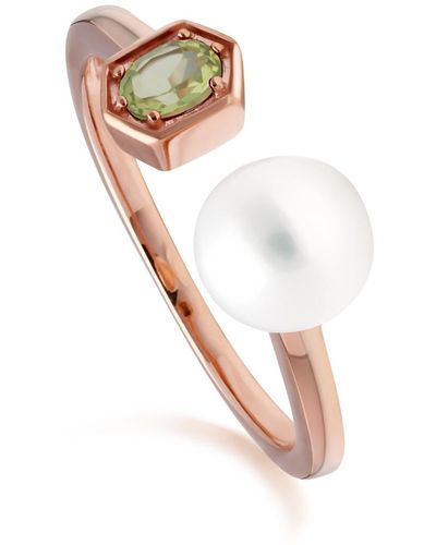 Gemondo Peridot & Pearl Open Ring In Rose Gold Plated Silver - Green