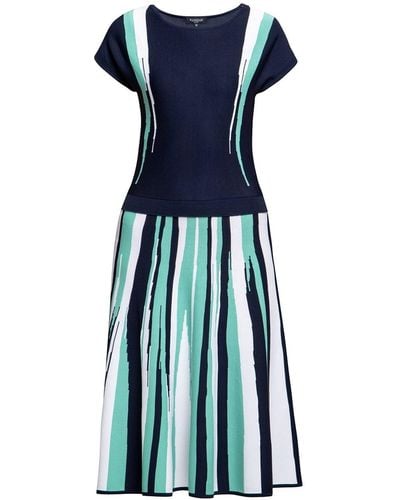 Rumour London Iris Striped Knitted Fit And Flare Dress In Navy And Turquoise - Blue