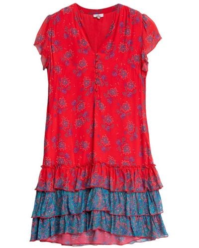 Niza Short Dress With Round Neck Ruffles - Red