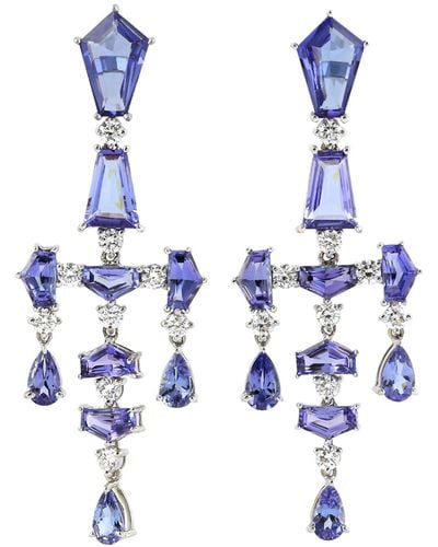 Artisan 18k White Gold Tanzanite Gemstone Diamond Dangle Earrings - Blue