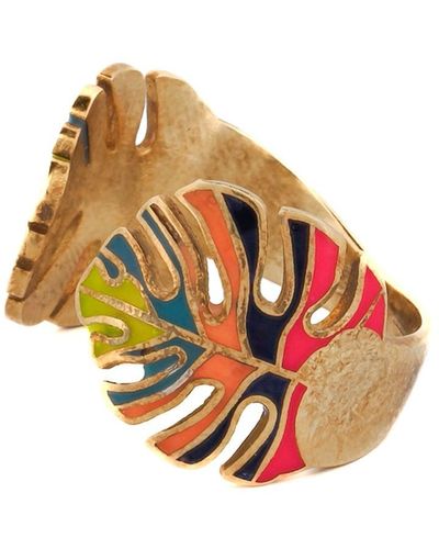 Ebru Jewelry Summer Pastel Colours Enamel Gold Adjustable Ring - Metallic