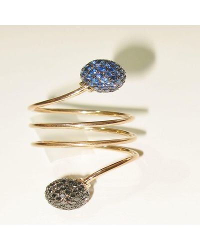Artisan 18k Gold Pave Blue Sapphire & Black Diamonds Beads Ring - Metallic