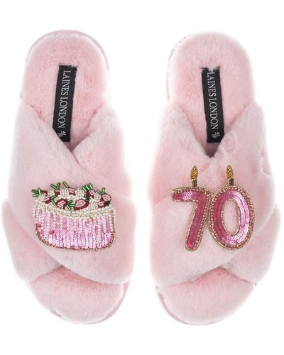 Laines London Classic Laines Slippers With 70th Birthday & Cake Brooches - Pink