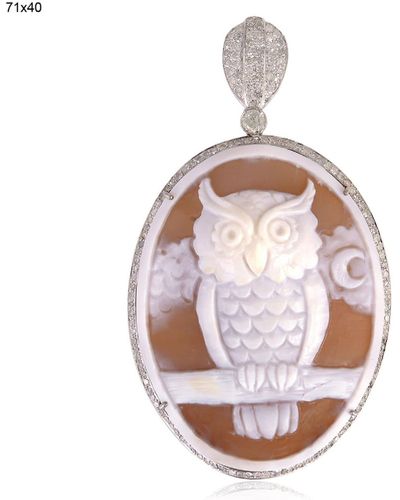 Artisan Diamond 18k Solid Gold Owl Shape Carved Pendant Gemstone - Pink