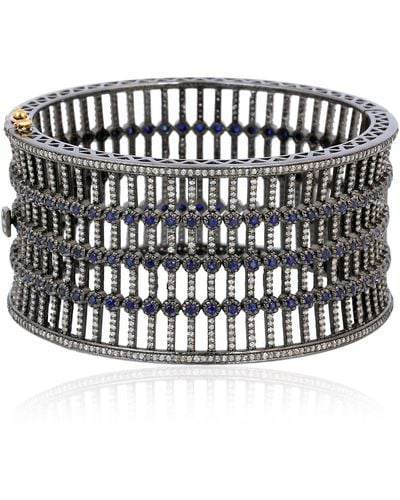Artisan Blue Sapphire & White Diamond Pave With 14k Gold 925 Silver Cuff Bracelet Bangle - Black