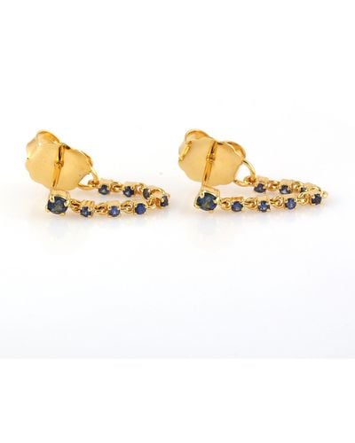 Artisan Blue Sapphire Prong Set In 14k Solid Gold Ear Thread Designer Earrings - Metallic