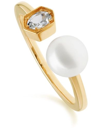 Gemondo Modern Pearl & Aquamarine Open Ring In Gold Plated Silver - Blue