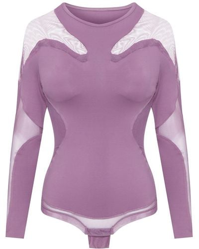 Balletto Athleisure Couture Body Cutouts Tulle Long Sleeve - Purple