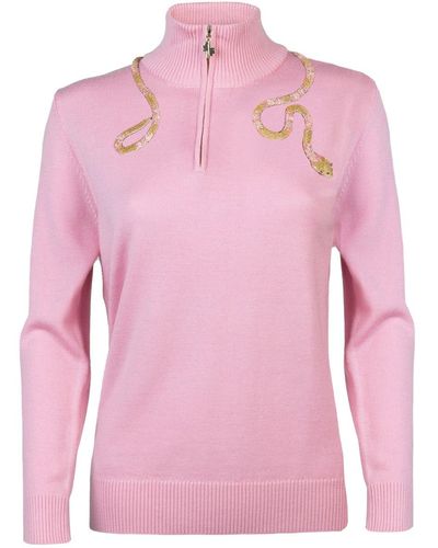 Laines London Laines Couture Quarter Zip Sweater With Embellished Pink & Gold Wrap Snake