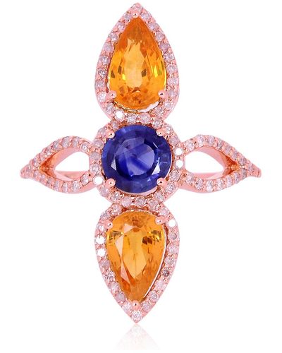 Artisan Multi Sapphire Pave Diamond 18k Solid Rose Gold Designer Ring - Pink