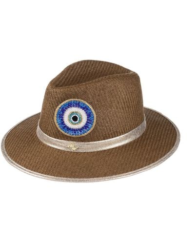 Laines London Straw Woven Hat With Embellished Couture Blue Evil Eye Brooch - Brown