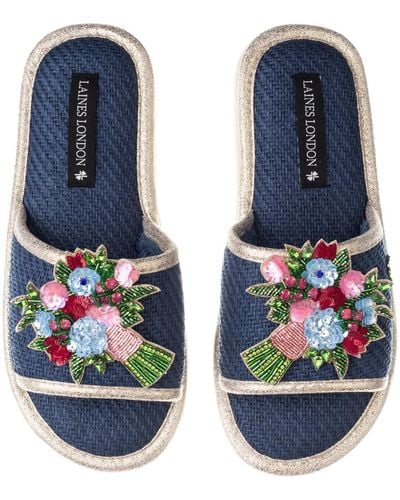 Laines London Straw Braided Sandals With Double Flower Bouquet Brooches - Blue