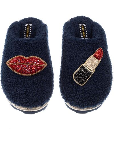 Laines London Teddy Towelling Closed Toe Slippers With Red & Gold Pucker Up Brooches - Blue