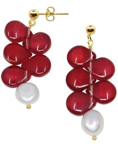 Ninemoo Scarlet Grape Cluster Pearls Earrings - Red