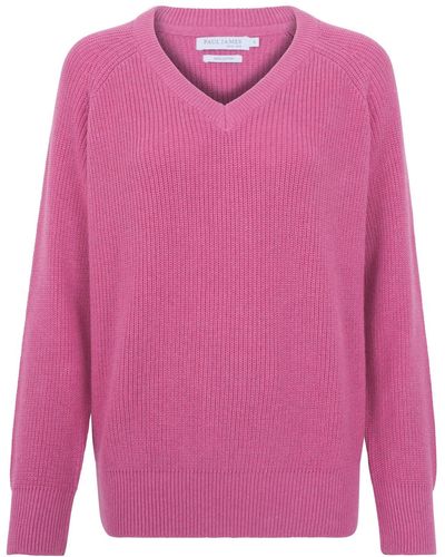 Paul James Knitwear S Cotton Tori Ribbed V Neck Sweater - Pink