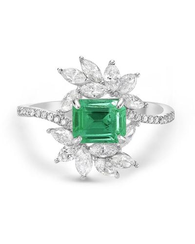 Artisan Handmade 18k White Gold Marquise Shape Diamond Natural Emerald Ring - Green