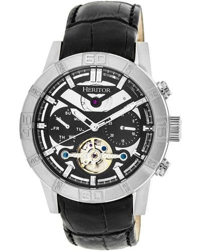 Heritor Hannibal Semi-skeleton Leather-band Watch With Day And Date - Black