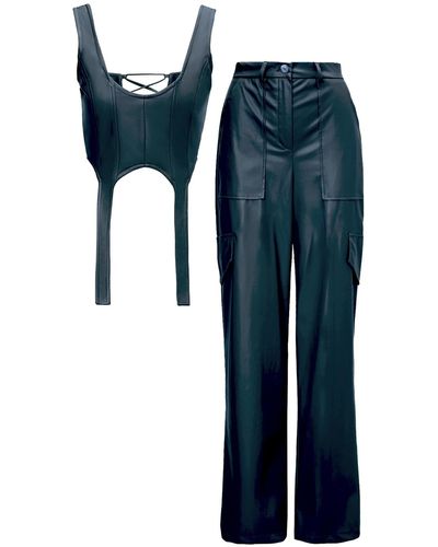 BLUZAT Olive Leather Matching Set With Wide Leg Pants And Corset Top - Blue