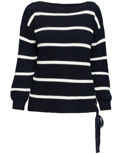 Rumour London Monaco Striped Cotton Sweater With Metal Eyelets In Midnight Blue - Black