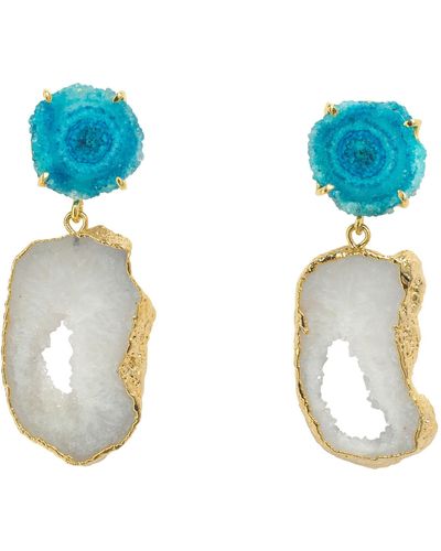 YAA YAA LONDON 'summer Love' Blue White Crystal Gemstone Gold Earrings