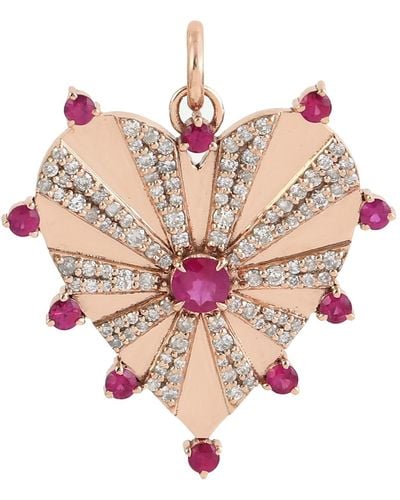 Artisan 14k Solid Rose Gold With Pave Diamond & Ruby Heart Design Pendant Jewelry - Pink