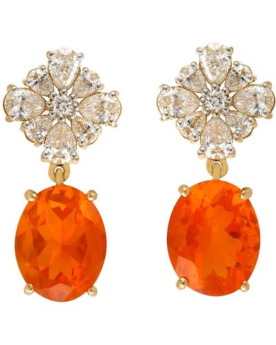 Artisan Natural Fire Opal Genuine Diamond 18k Gold Designer Dangle Earrings - Orange